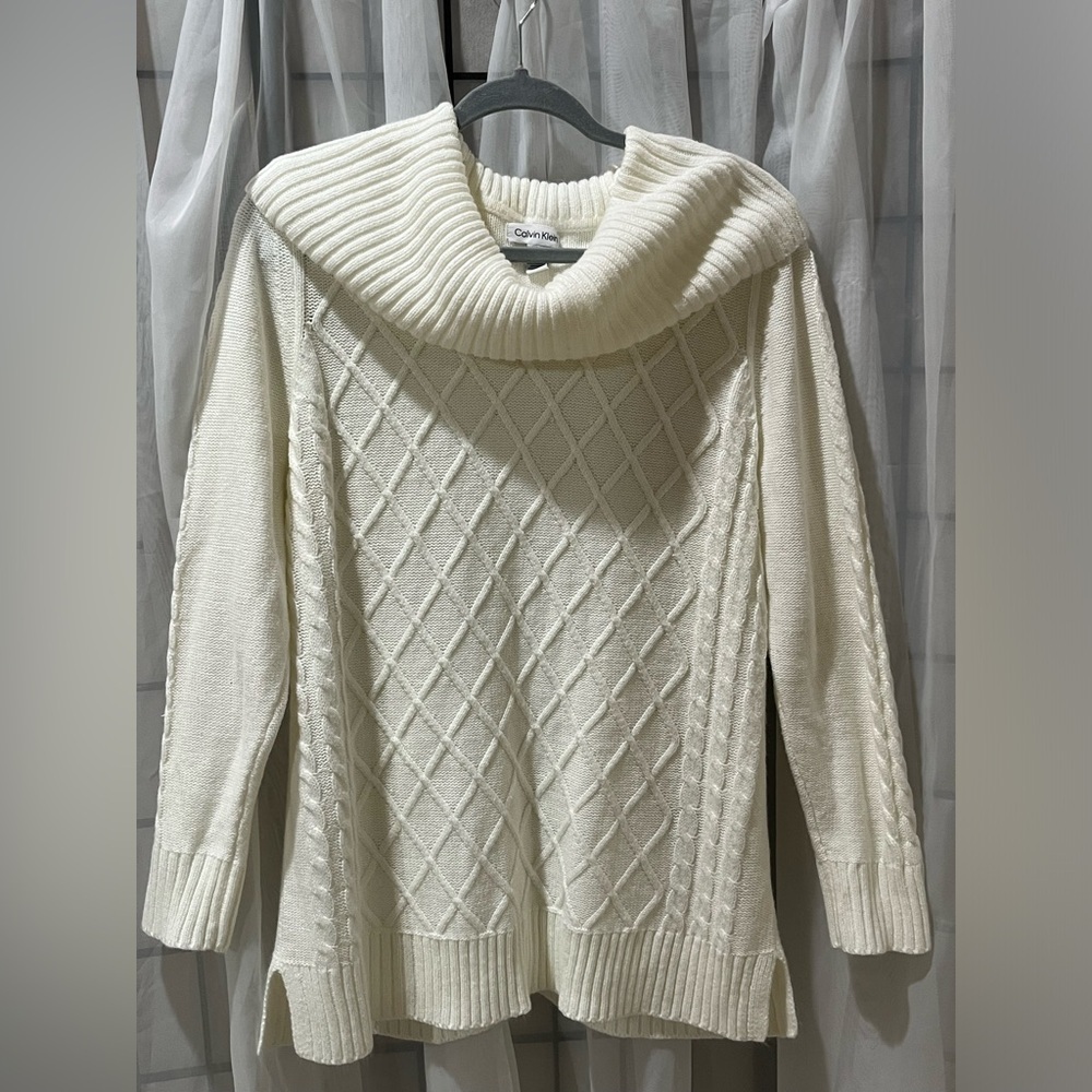 Calvin Klein Cream DIAMOND Cable Knit Turtleneck Sweater women SIZE XL